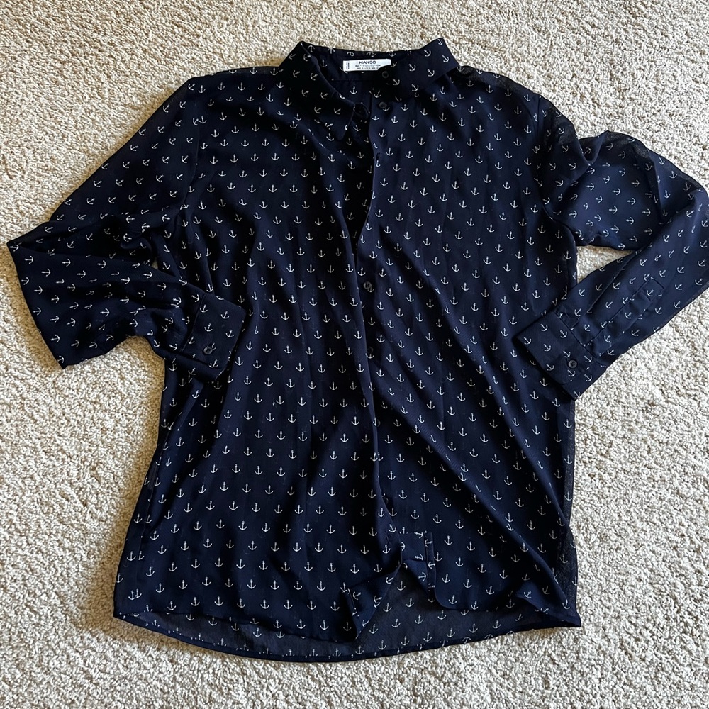 Mango Navy Blue Anchor-Print Button-Up Blouse
